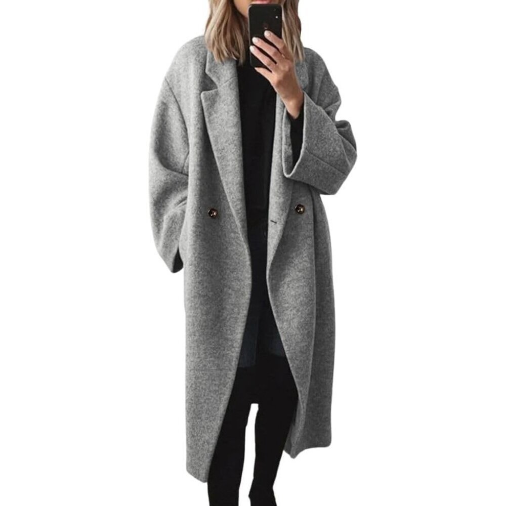 ⚡Women's Grey Winter Double Breasted Wool Coat Long Sleeve Long Trench Coat
